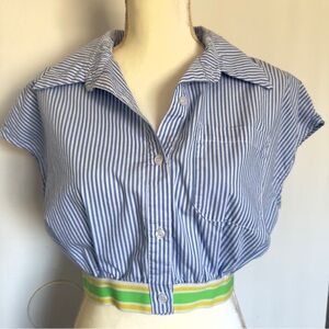 Akira Collection Blue White Stripe Collard Bottom Down Shirt Medium 100% Cotton